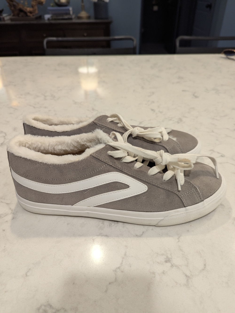 Lucky Brand Women's Gray Suede Lace-Up Sneakers with Cream Faux Fur Lining